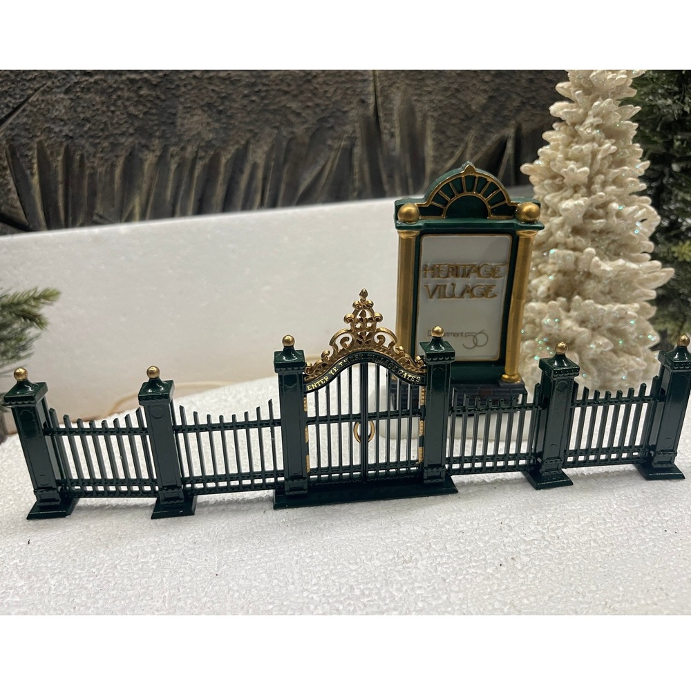 Dept 56 Heritage Village WROUGHT IRON GATE FENCE and HV SIGN Set 5514-0 Bundle